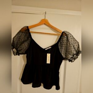 NWT Black Peplum Blouse with Sheer Polka Dot Puff Sleeves